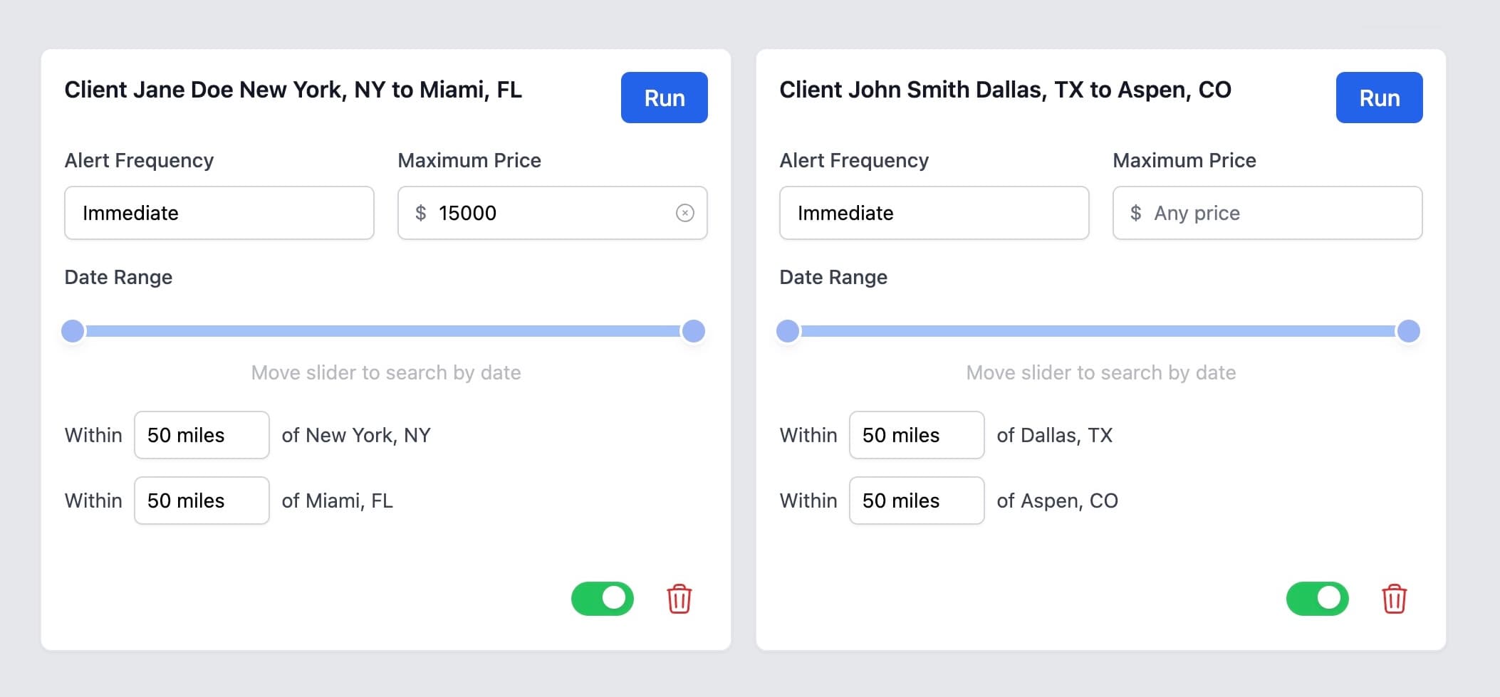 Saved searches interface showing client empty leg requests